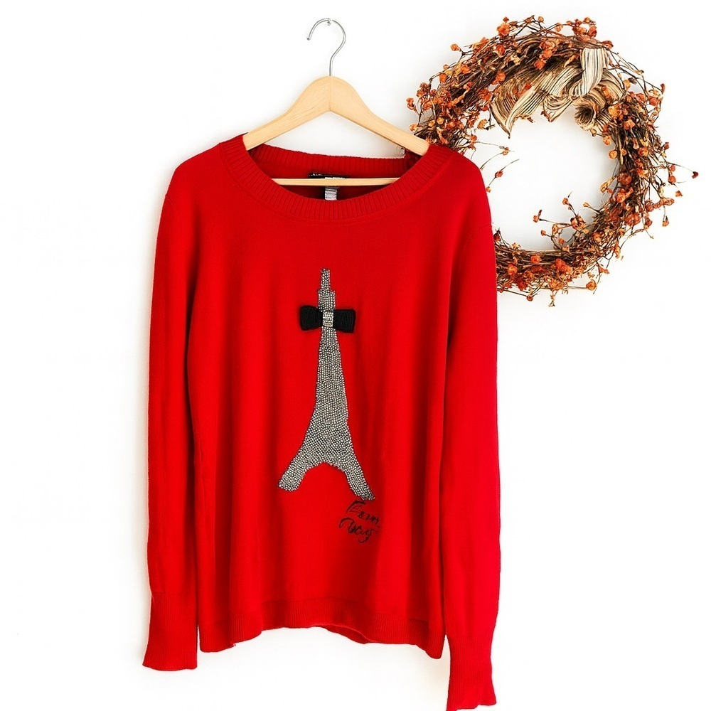 Karl Lagerfield Womens Eiffel Tower Bow Coquette Sweater LARGE Red Long Sleeve